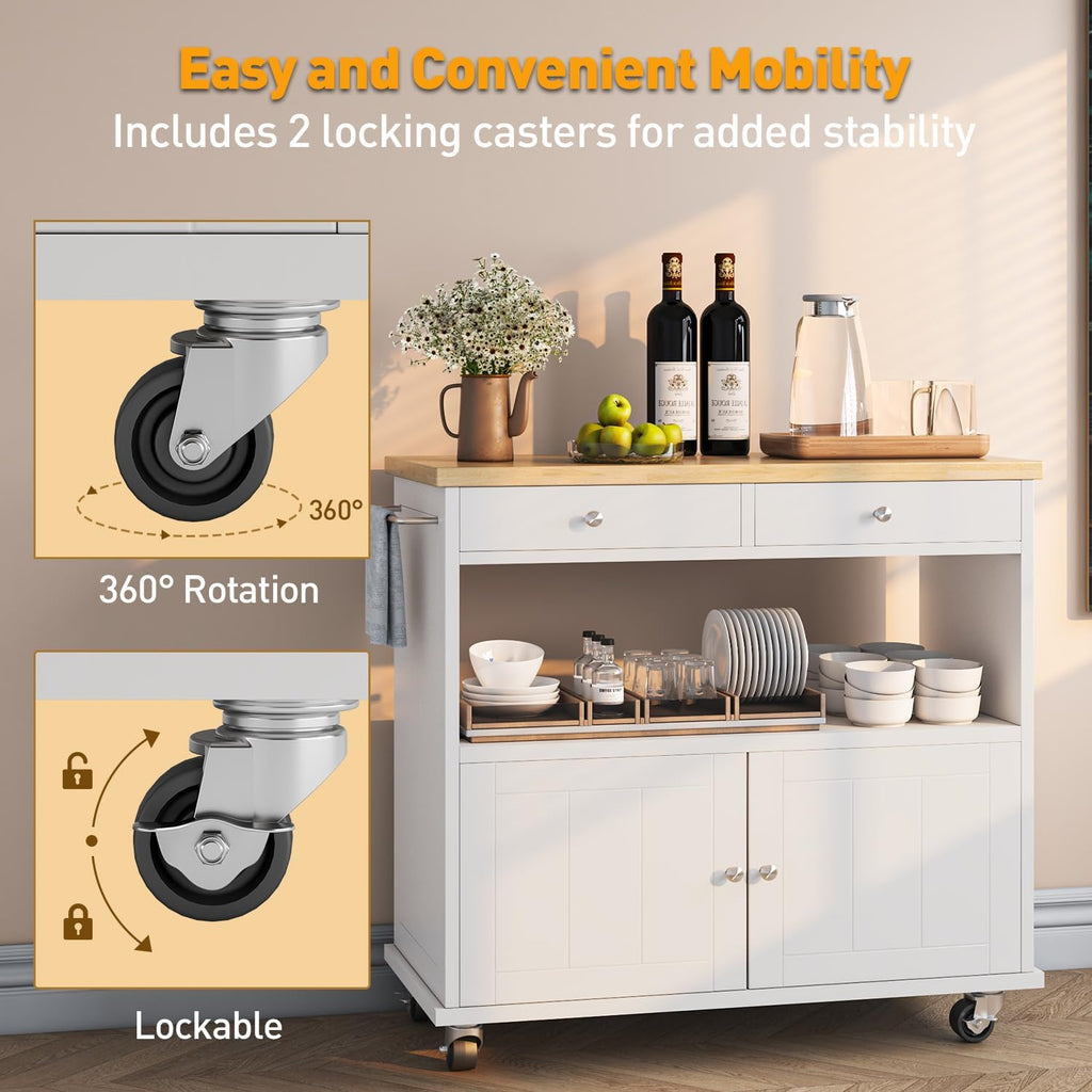 knoworld Rolling Kitchen Island with Storage Cabinet, 35.4'' Width Kitchen Cart, 2 Drawers Island Table, Portable Mobile Kitchen Island with Towel Rack, Wood Top and Lockable Wheels, White