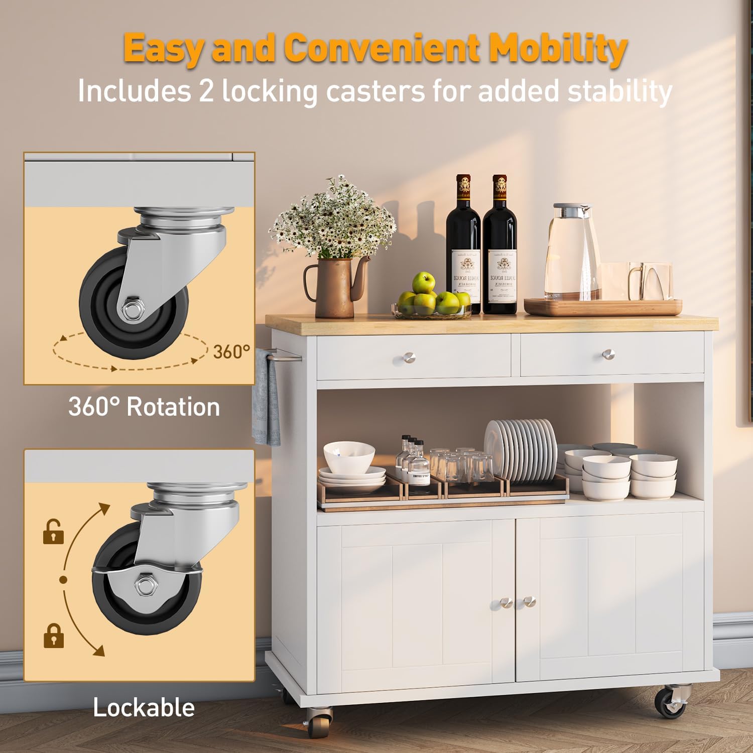 knoworld Rolling Kitchen Island with Storage Cabinet, 35.4'' Width Kitchen Cart, 2 Drawers Island Table, Portable Mobile Kitchen Island with Towel Rack, Wood Top and Lockable Wheels, White