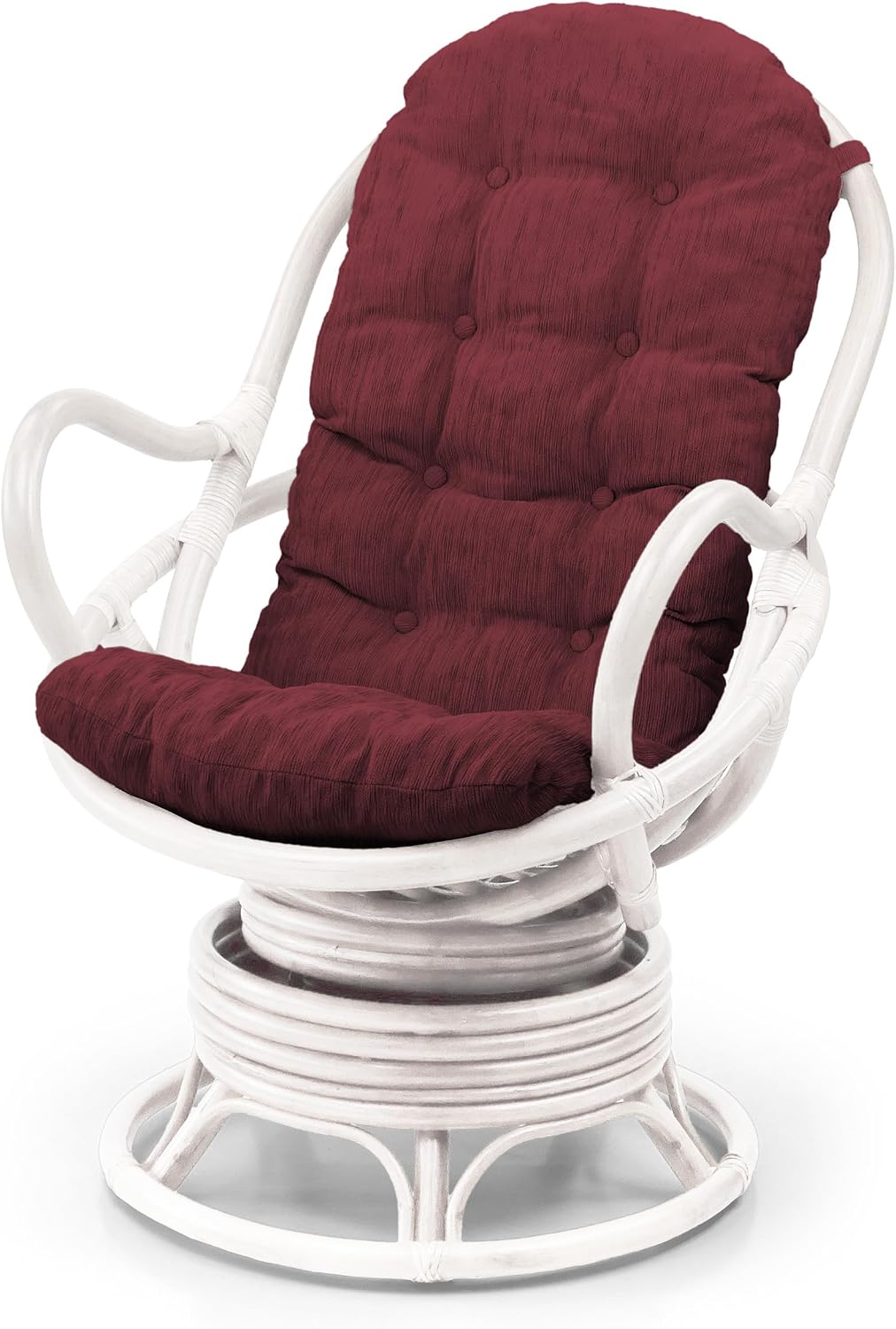 Java Lounge Swivel Rocking Chair with Dark Brown Cushion Natural Rattan Wicker Handmade, White Color