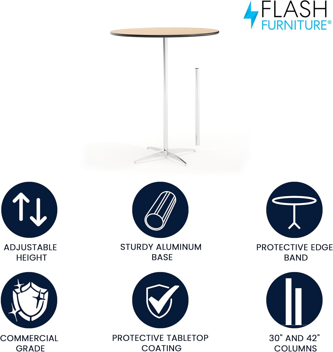 Flash Furniture Lars 36'' Round Wood Cocktail Table with 30'' and 42'' Columns, Wood Bar Height Table for Commercial or Residential Use, Natural