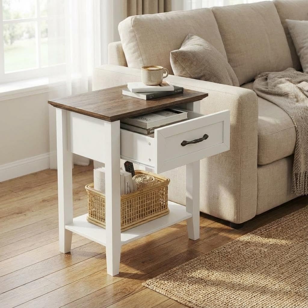 Wood Bedside Table with Drawer and Storage Shelf, Versatile Nightstand End Table for Bedroom, Living Room, Nursery, or College Dorm, Practical Storage Solution for Home, Modern Side Table Design