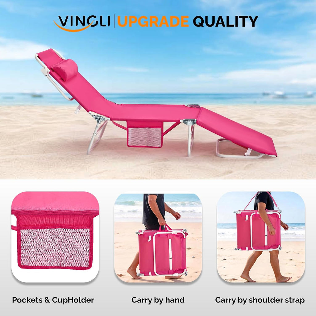 VINGLI Tanning Chair, Beach Lounge Chair with Face Hole, Lounge Chair Outdoor, Height-Adjustable Tanning Lounger, Anti-Tip Design, Carrying Bag, 475lbs, Pink