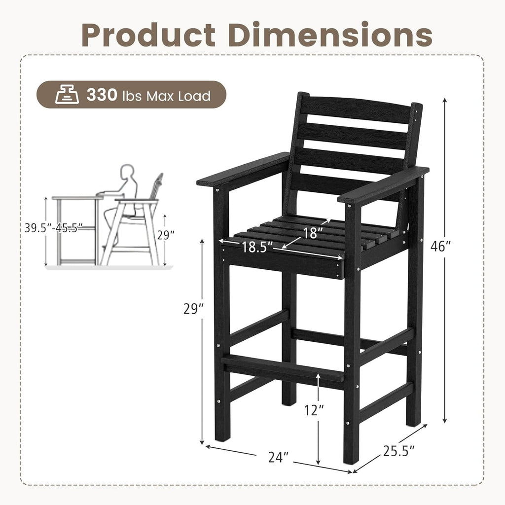 Tangkula Patio Adirondack Chairs Set of 2, HDPE Bar Height Chair with Wide Armrests & Footrest, Outdoor High-Top Slatted Bar Chairs with Backrest for Backyard, Lawn, Poolside (2, Black)