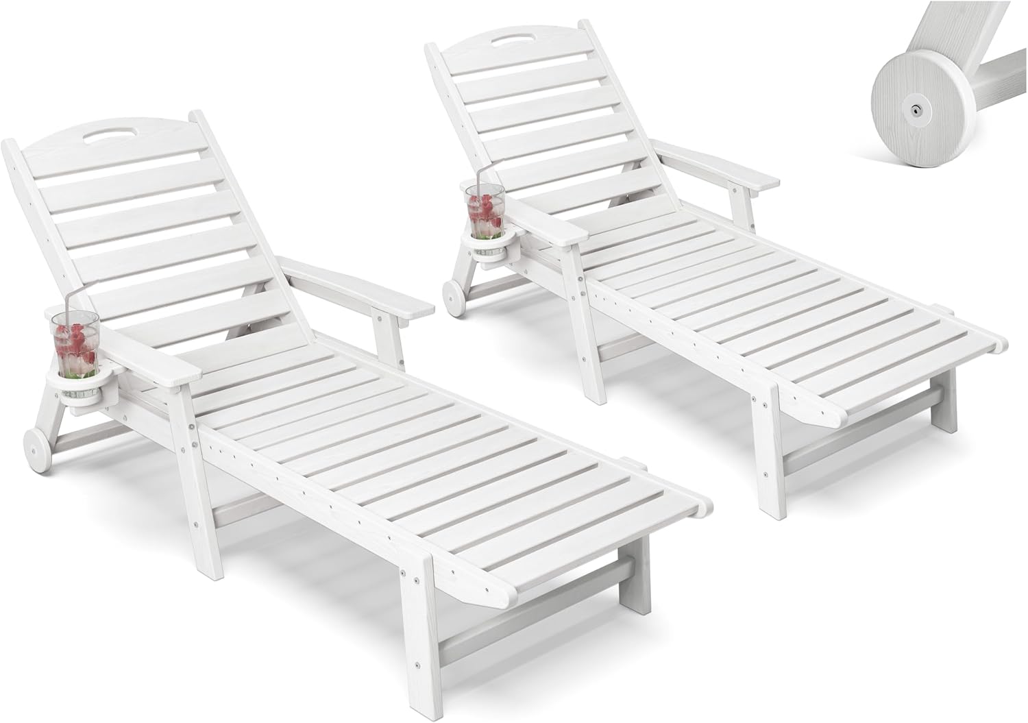 Patio Chaise Lounge Chair Set of 2, HDPE Outdoor Lounge Chairs with 5-Position Adjustable Backrest, Cup Holder and Wheels, 450lbs Capacity for Poolside Deck Backyard, All Weather Material(White)