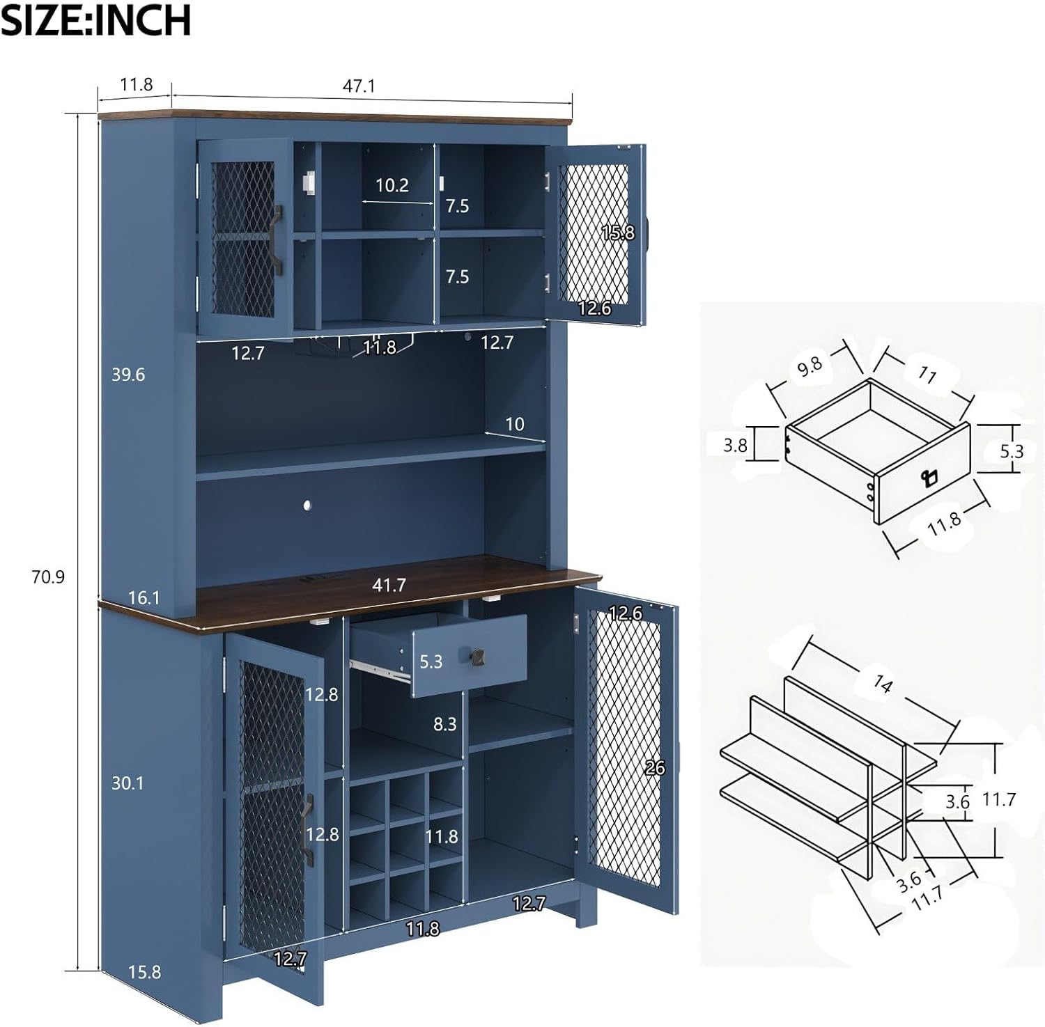 70.9" Kitchen Pantry Cabinet with LED Lights, Rustic Farmhouse Buffet Hutch with Wine Rack, Storage Cabinet with USB Charging Station, Coffee Bar Cabinet for Dining Room