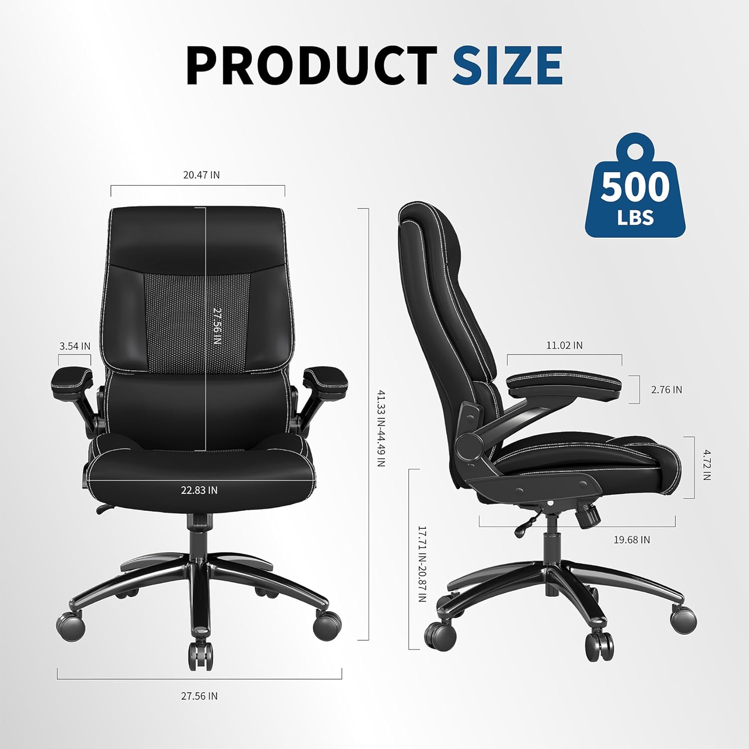 Ergonomic Big and Tall Office Chair, 500LBS PU Leather Executive Desk Chair with Lumbar Support and Flip-up Armrests, High Back, for Home and Office, Black