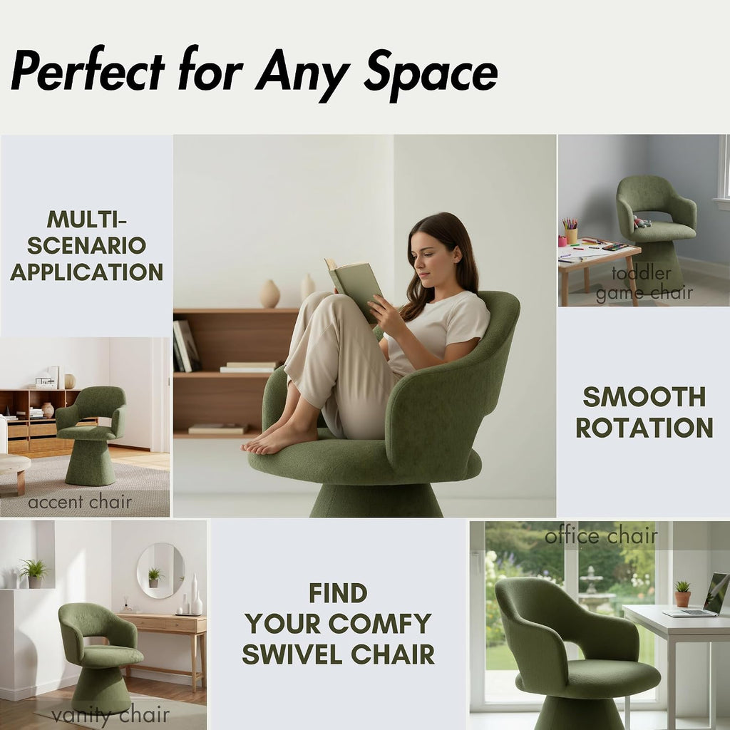 Hyfirm 360° Swivel Dining Chair with Arms Set of 2, Chenille Upholstered Barrel Accent Kitchen Chairs with Hollow High Back, Deskchair for Dining Room Bedroom Vanity, Moss Green
