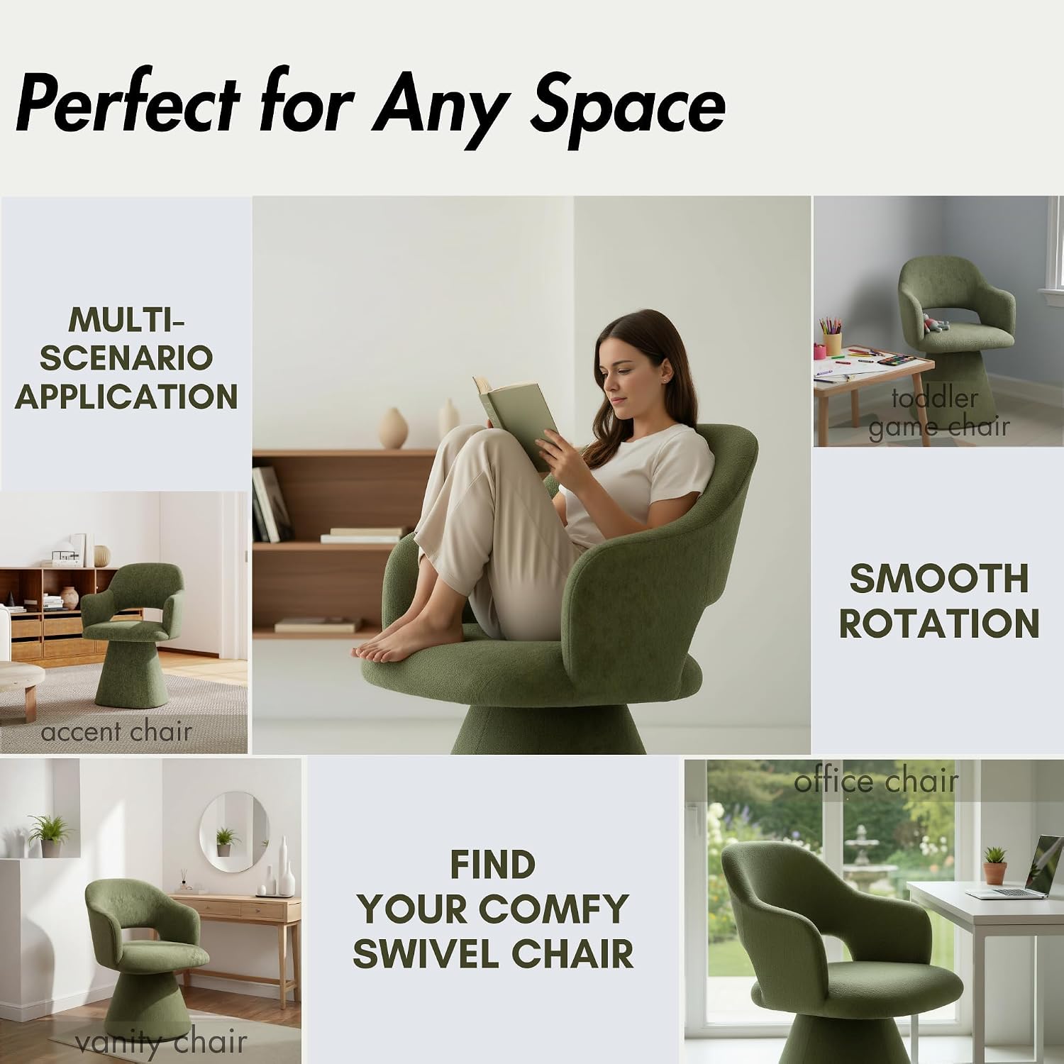 Hyfirm 360° Swivel Dining Chair with Arms Set of 2, Chenille Upholstered Barrel Accent Kitchen Chairs with Hollow High Back, Deskchair for Dining Room Bedroom Vanity, Moss Green