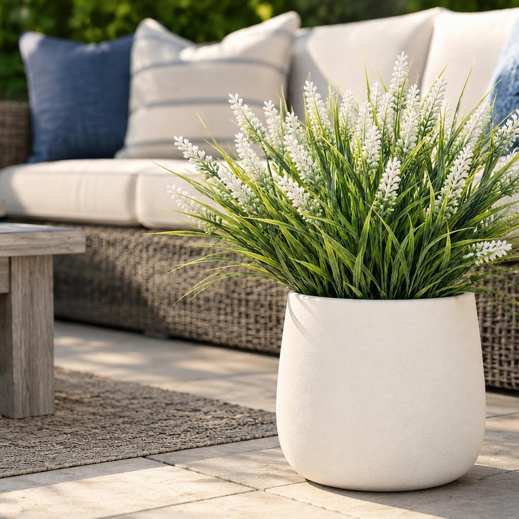 Artificial Monkey Grass with Flowers - UV Resistant Artificial Outdoor Plants, Faux Flowers for Outdoor Planters, Porch, Patio, Garden, Window Box - 12 Bundles White