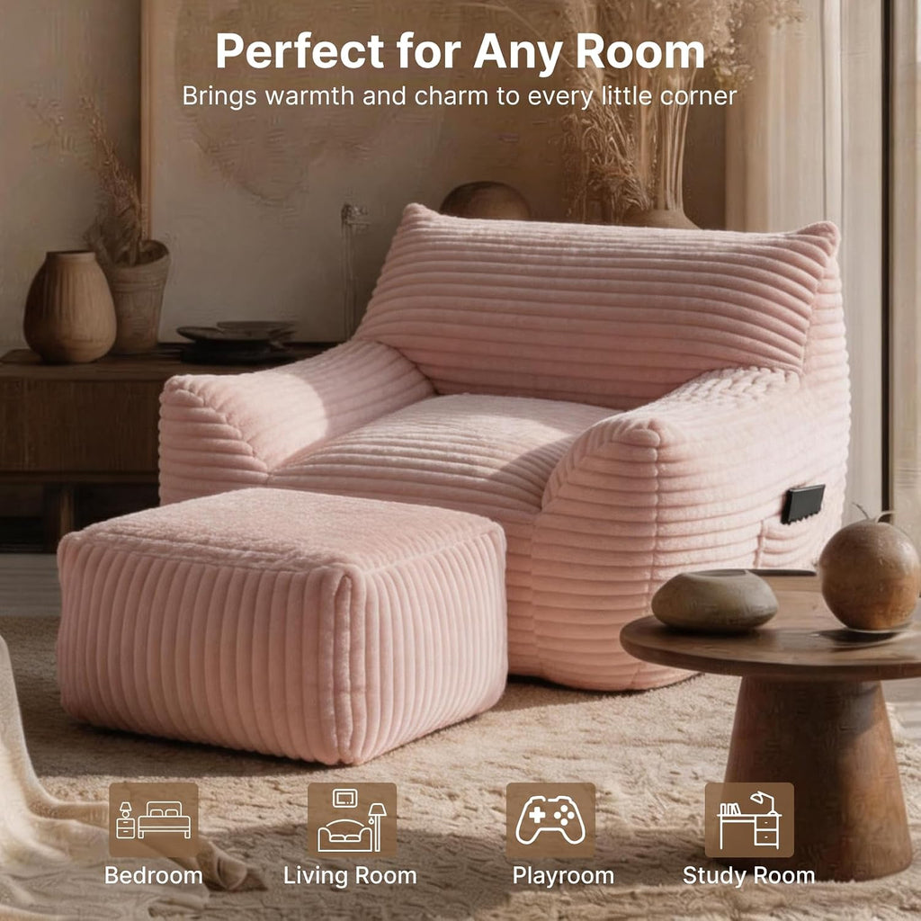 Oversized Bean Bag Chair with Ottoman, Bean Bag Couch with 2 Side Pockets, Corduroy Boneless Couch Chair in a Box, Comfy Lounge Chair for Living Room, Bedroom, Dorm, Pink