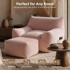 Oversized Bean Bag Chair with Ottoman, Bean Bag Couch with 2 Side Pockets, Corduroy Boneless Couch Chair in a Box, Comfy Lounge Chair for Living Room, Bedroom, Dorm, Pink