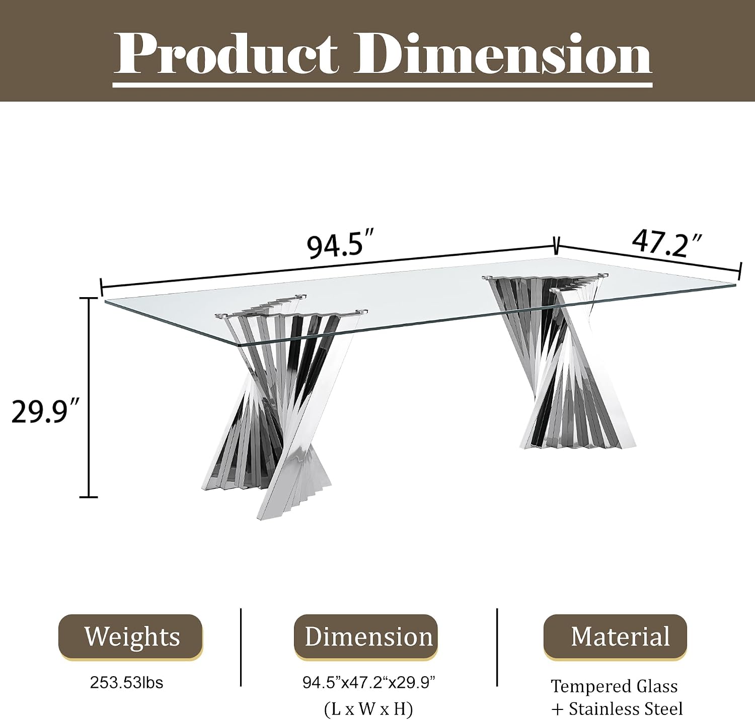 94" Glass Dining Table for 8-10, Large Luxury Kitchen Table with Tempered Glass Minimalist Tabletop and Silver Stainless Steel Pedestal for Dining Room (Table Only)