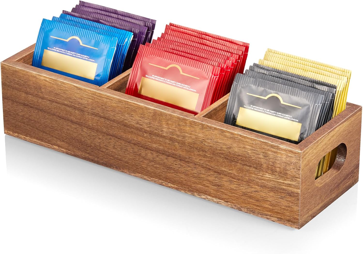 DRASTAR Tea Bag Organizer, Acacia Tea Bag Holder, Tea Storage Containers with 3 Slots, Wooden Tea Storage Accessories, Mini Tea Bag Caddy Box for Countertop