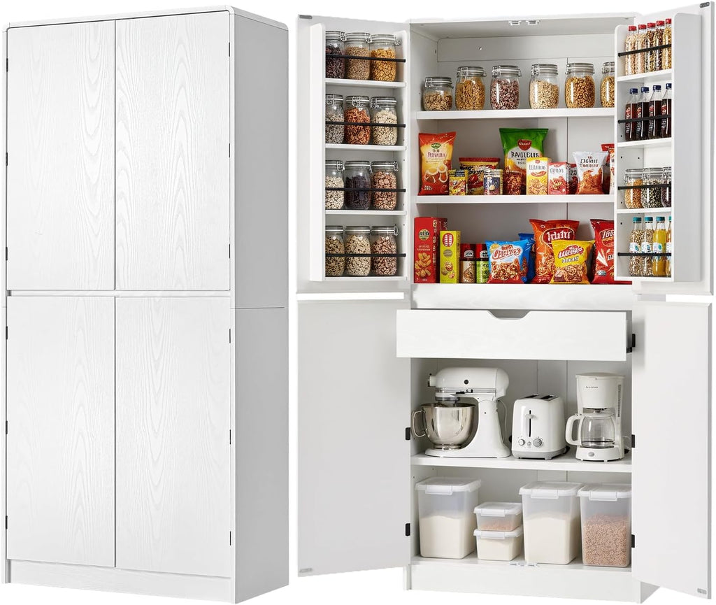 72" Tall Farmhouse Pantry Cabinet with Curved Design - Kitchen Storage Cabinet with 8 Door Shelves, 3 Adjustable Shelves & 1 Hidden Drawer, Versatile for Kitchen & Dining Room, White