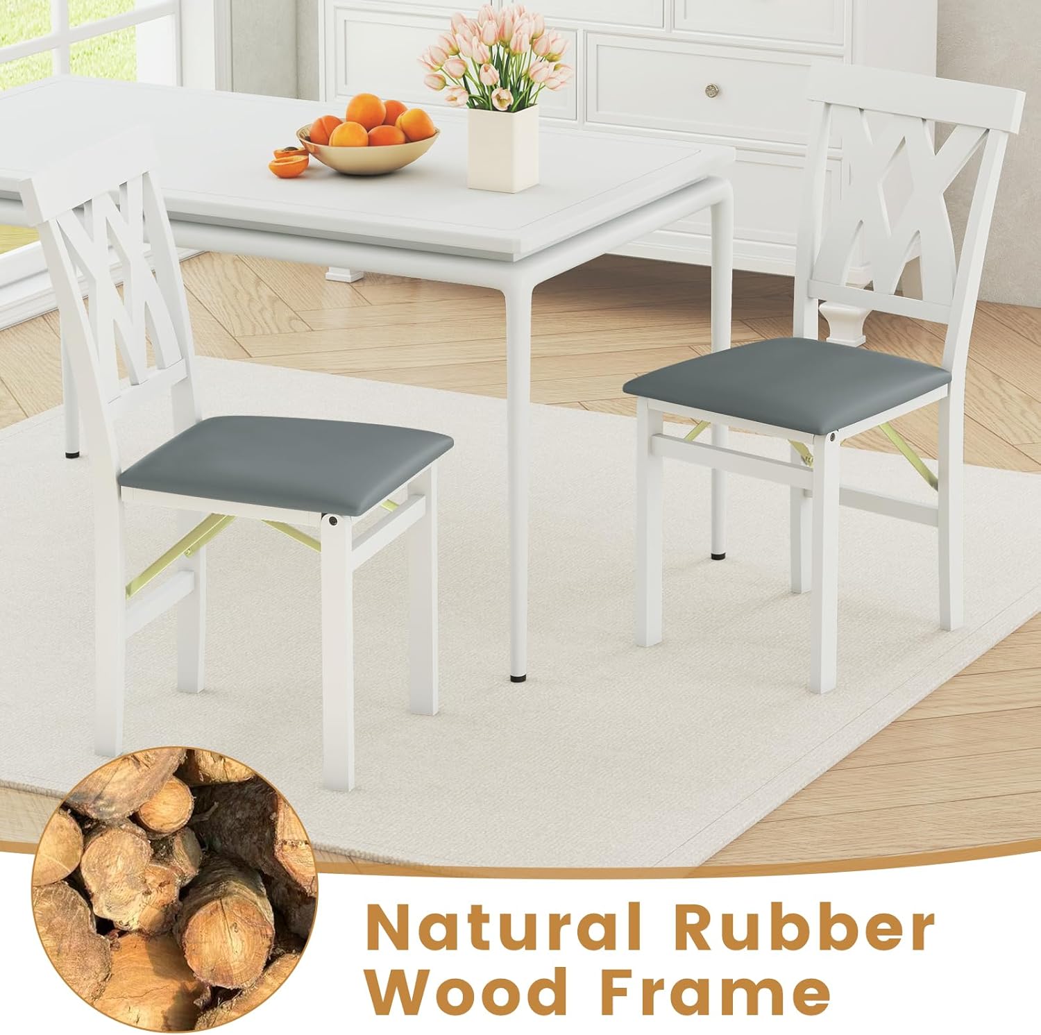 GOFLAME Folding Dining Chairs Set of 4, Foldable Kitchen Chairs with PVC Leather Padded Seat and Rubber Wood Frame, Elegant Hollowed Backrest, Wooden Dinner Chair Set for Dining Room, White