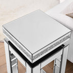 Mirrored End Table with Crystal Inlay, 2-Tier Square Pedestal Table, 11.8 x 11.8 x 26.8 inches, Silver