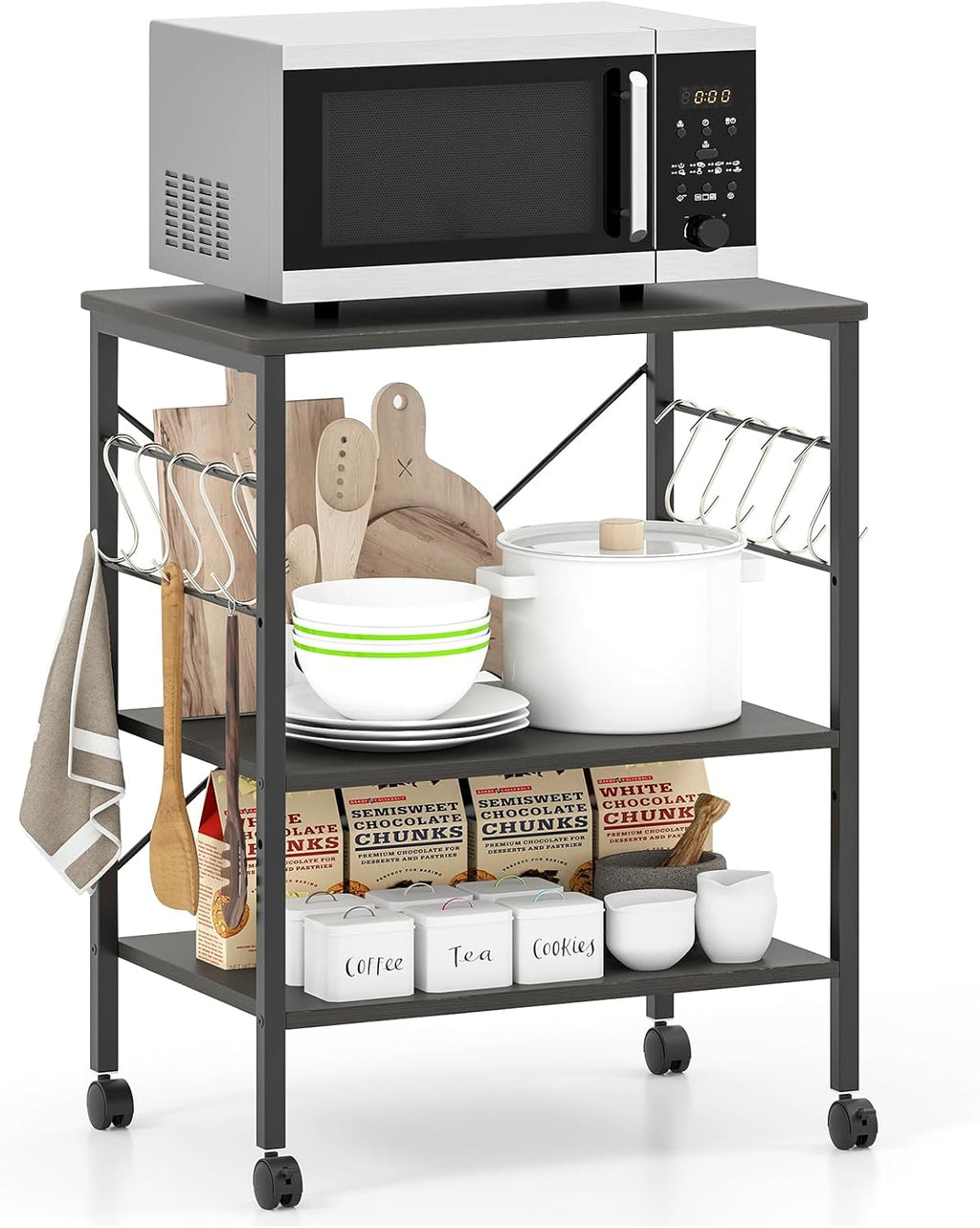 Giantex Kitchen Bakers Rack 3-Tier Microwave Cart on Wheels, Industrial Utility Bar Cart with 10 Hooks Metal Frame Wood Storage Shelves, Rolling Microwave Stand