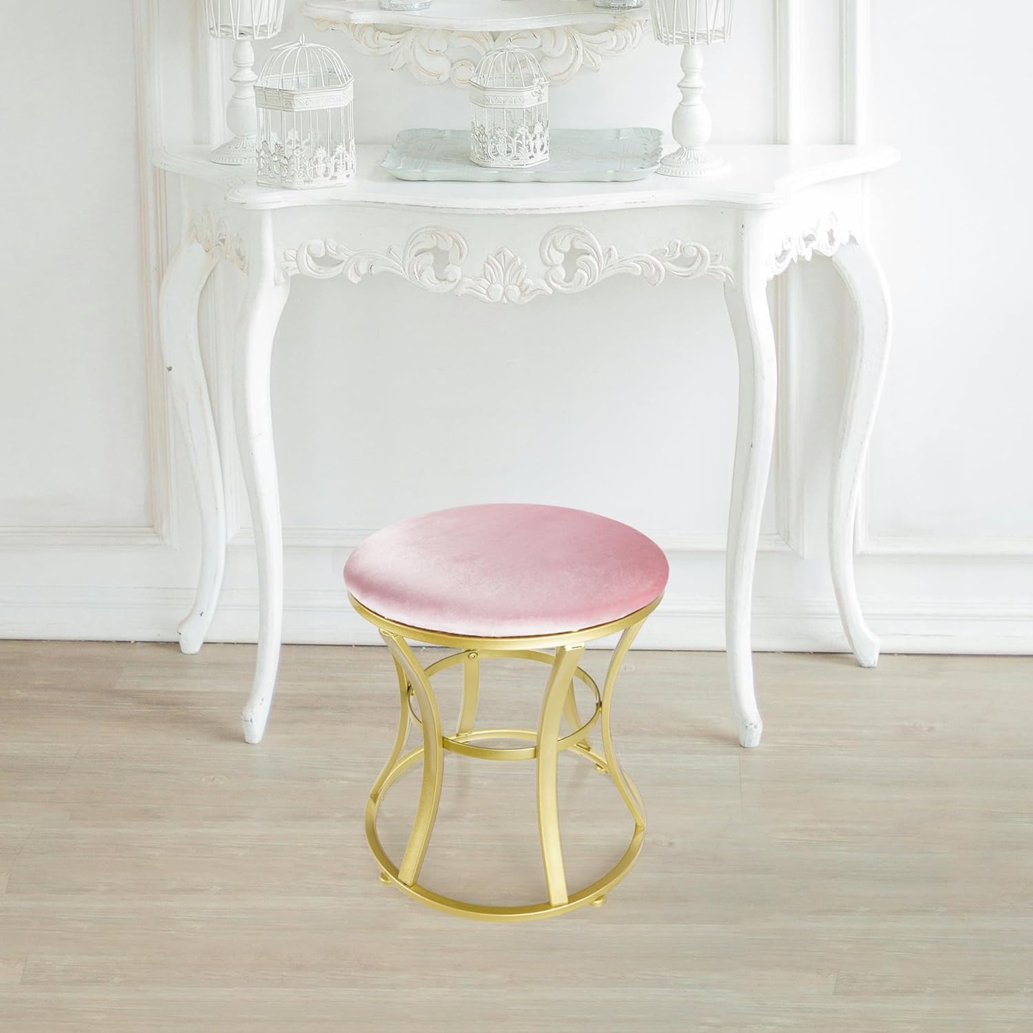 Velvet Round Vanity Stool Chair,Pink Velvet Footrest Ottoman Foot Stool Seat with Golden Metal Legs,Makeup Chair for Bathroom Vanity,Bedroom,Living Room
