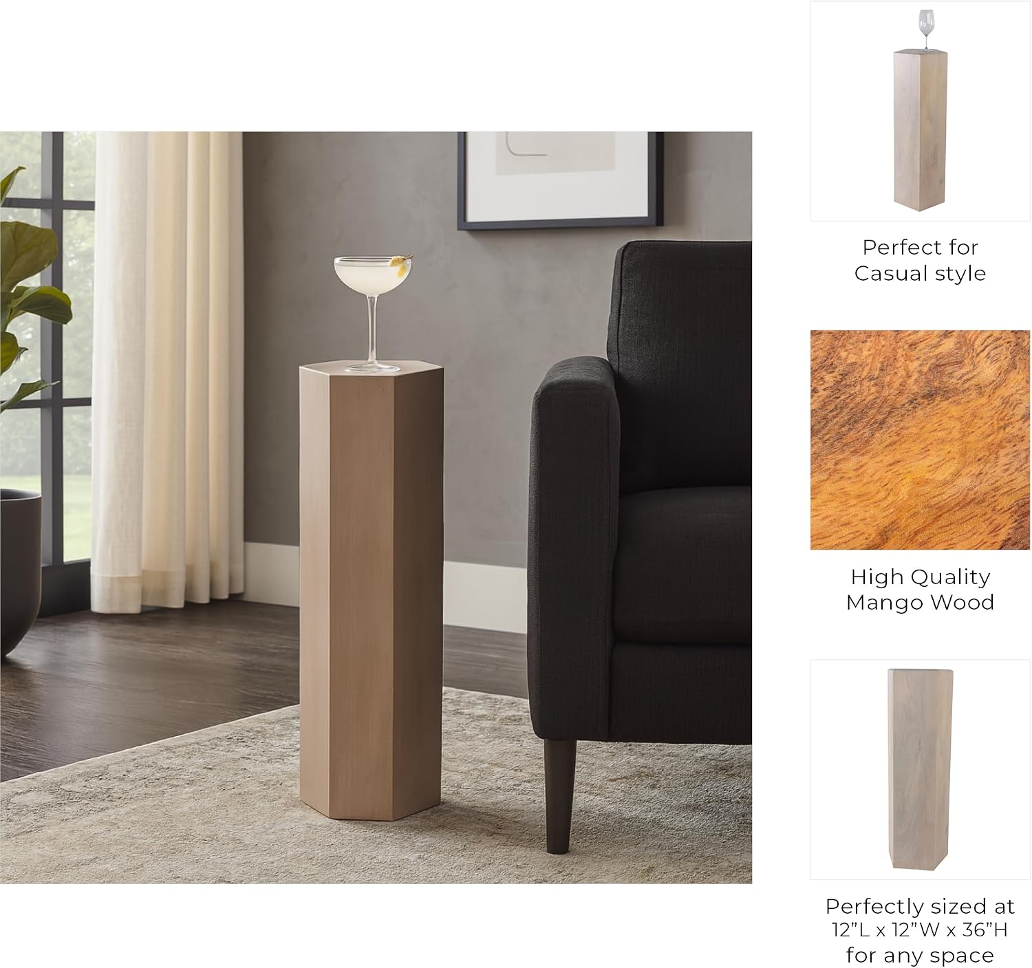 Wood Pedestal End and Side Table for Living Room Decor - Decorative Small Table Stand for Room, Bedroom, or Home Decor Drink Table - Versatile Night Stand or Bedside Table for Small Spaces - 36", Tan