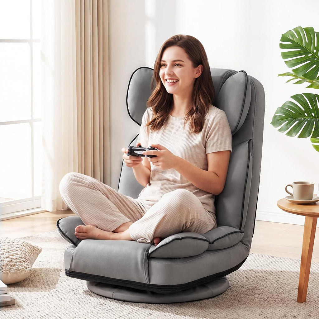 Giantex 360° Swivel Floor Gaming Chair, Folding Lazy Lounger Couch with 6-Position Adjustable Backrest & Sponge Filling, Lazy Sofa Lounge Chair, Video Gaming Chair for Reading, Relaxing (Gray)