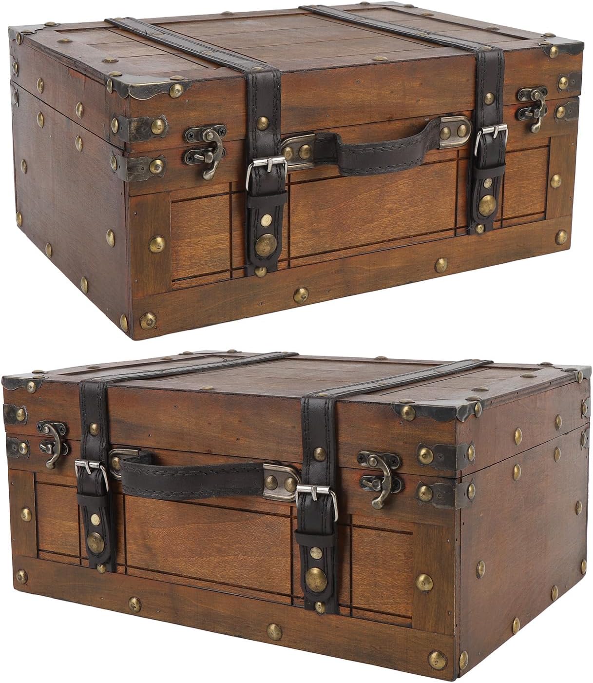 Sonew Vintage Distressed Wooden Storage Trunk with Textured Leather Handle for Multipurpose Use - Portable Antique Style Wood Chest for Clothes, Toys, and Photo Props (Large)