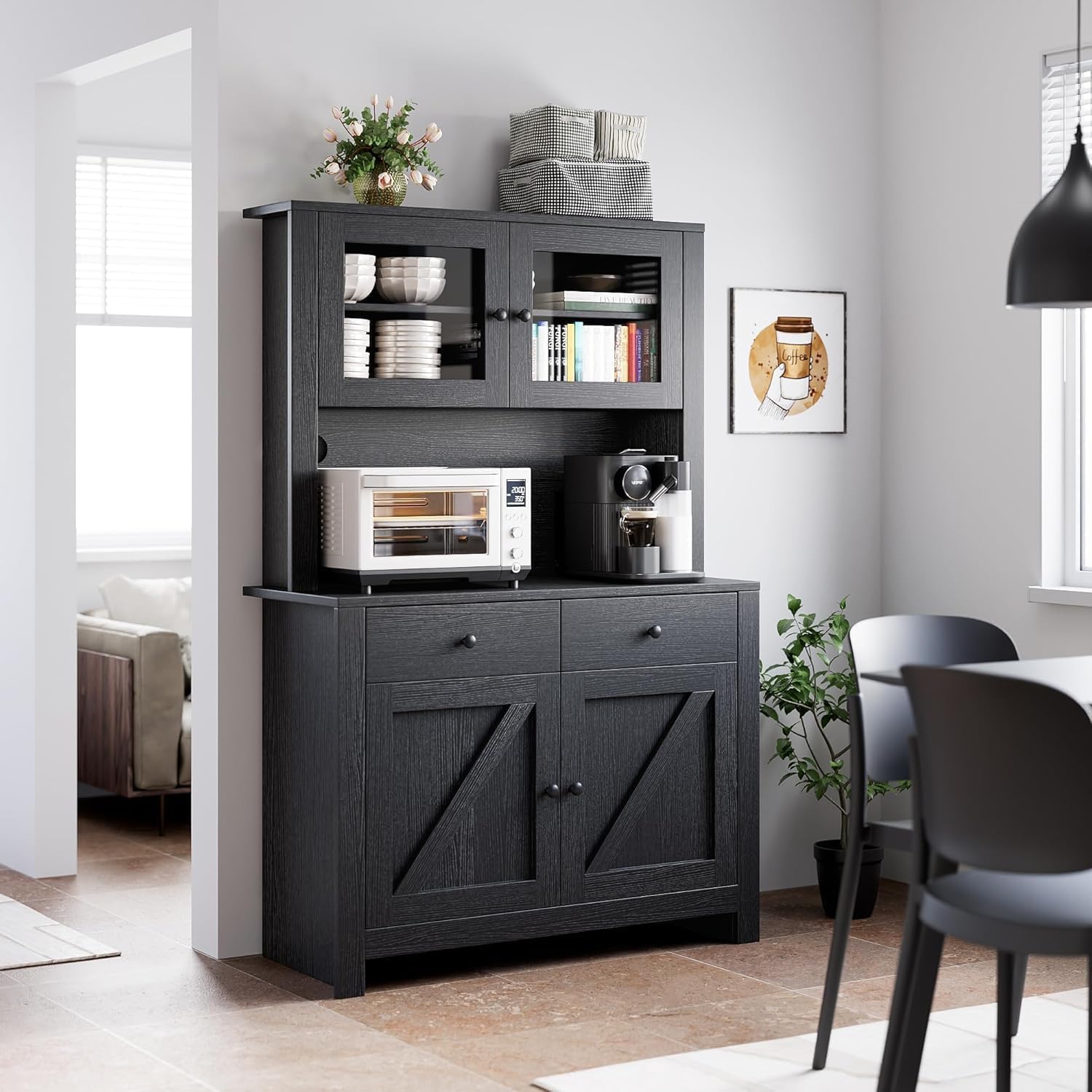 GarveeHome Kitchen Pantry Cabinet with Microwave Stand, Freestanding Hutch Cabinet with Buffet Cupboard, Tall Kitchen Cabinets with Adjustable Shelves for Dining Room, Black