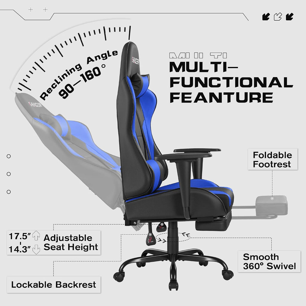 Gaming Chairs, Computer Chair with Footrest and Massage Lumbar Support, Height Adjustable Game Chair with Headrest and Swivel Seat (Blue)