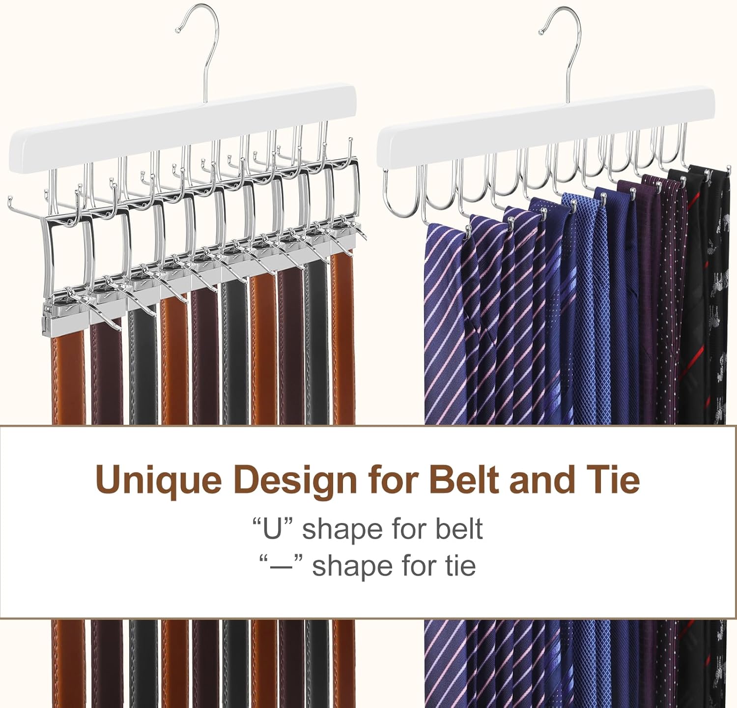 TOPIA HANGER 20 Hooks 2 in 1 Belt Tie Hanger for Closet Max 30 Belts with 30 Ties Capacity, Belt Tie Racks Wooden Hanger for Closet Organizer Storage “U” Fit for Belt and “一” Fit for Tie - CT47W
