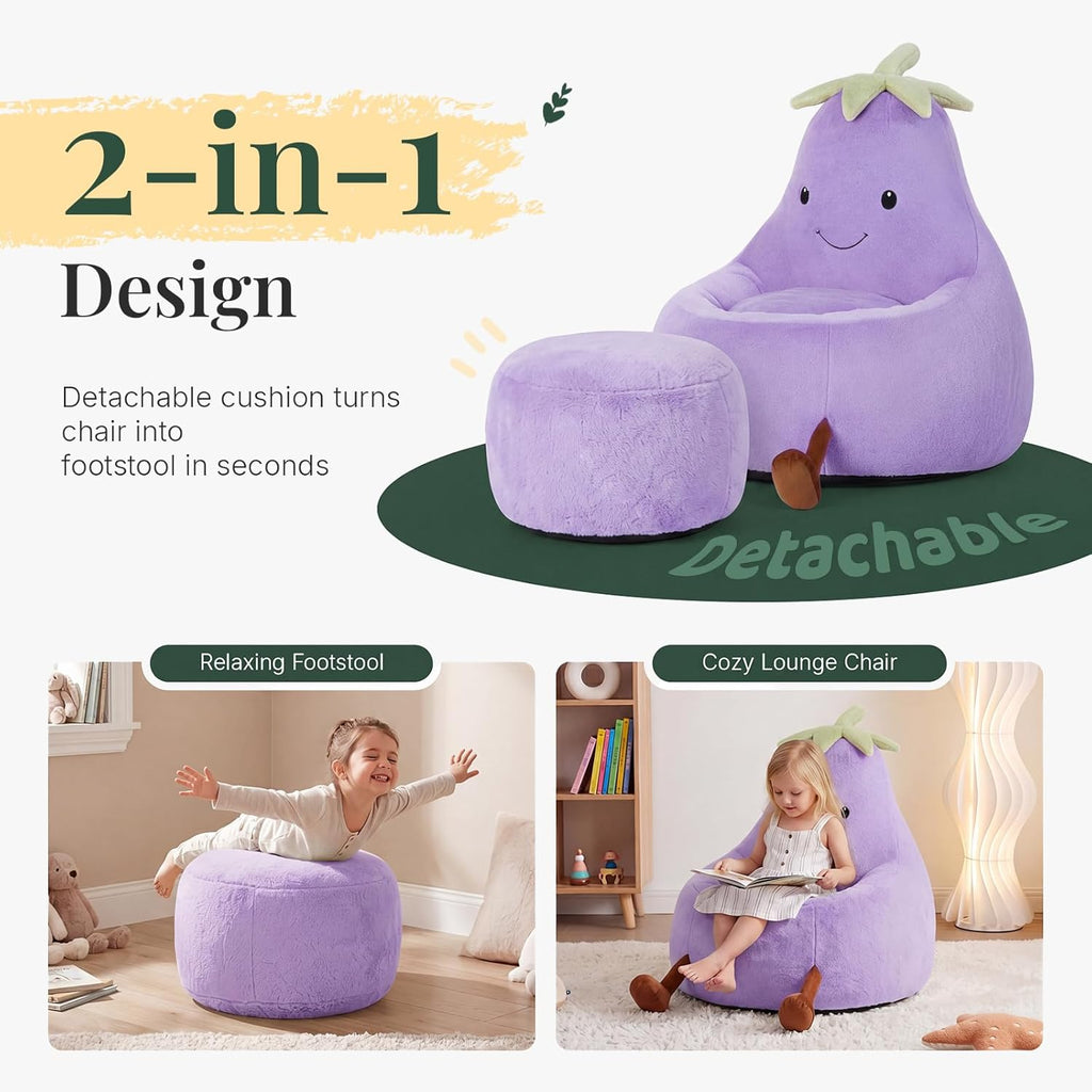 24" Kids Bean Bag Chair, Stuffed Toddler Couch with Faux Rabbit Fur Cover for Teens & Kids, Comfy Lazy Sofa Chair for Reader, Living Room, Bedroom, Aged 4-12 Years Purple