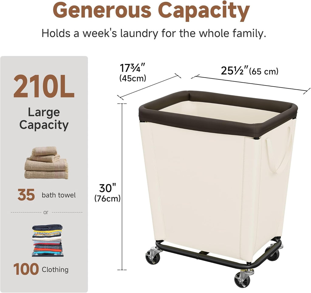 StorageWorks Basic Laundry Hamper with Wheels, 210L Large Rolling Laundry Basket, Heavy Duty Dirty Clothes Hamper for Home and Laundry Room, Beige
