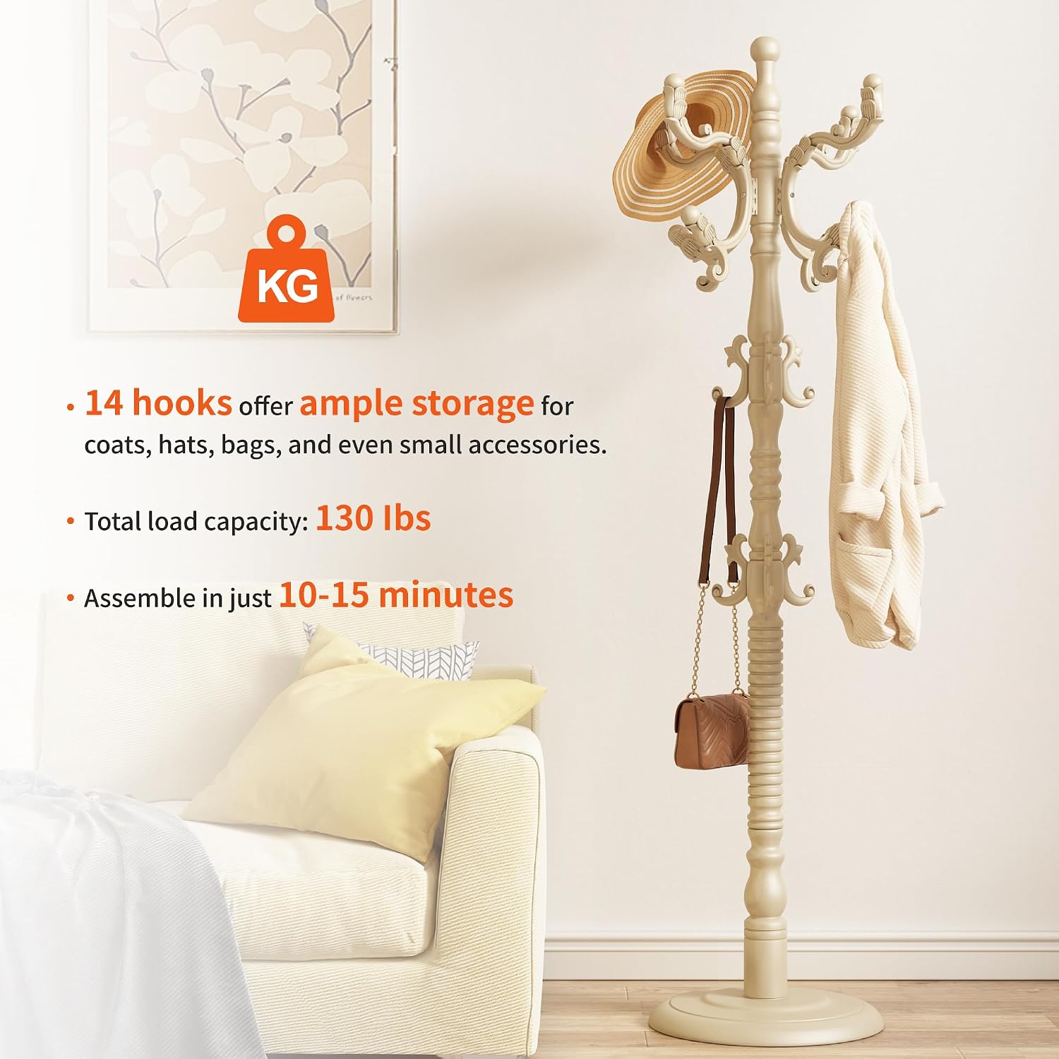 Wood Coat Rack Stand Wooden Coat Rack Freestanding,White | Hall Coat Tree with Sturdy Round Base 14 Hooks for Hat Bag Purses Vintage Coat Tree Hanger Stand for Entryway Hallway Bedroom