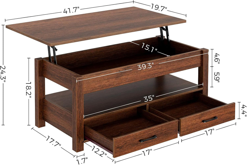 Rolanstar Coffee Table, Lift Top Coffee Table with Drawers and Hidden Compartment, Retro Central Table with Wooden Lift Tabletop, for Living Room,Espresso