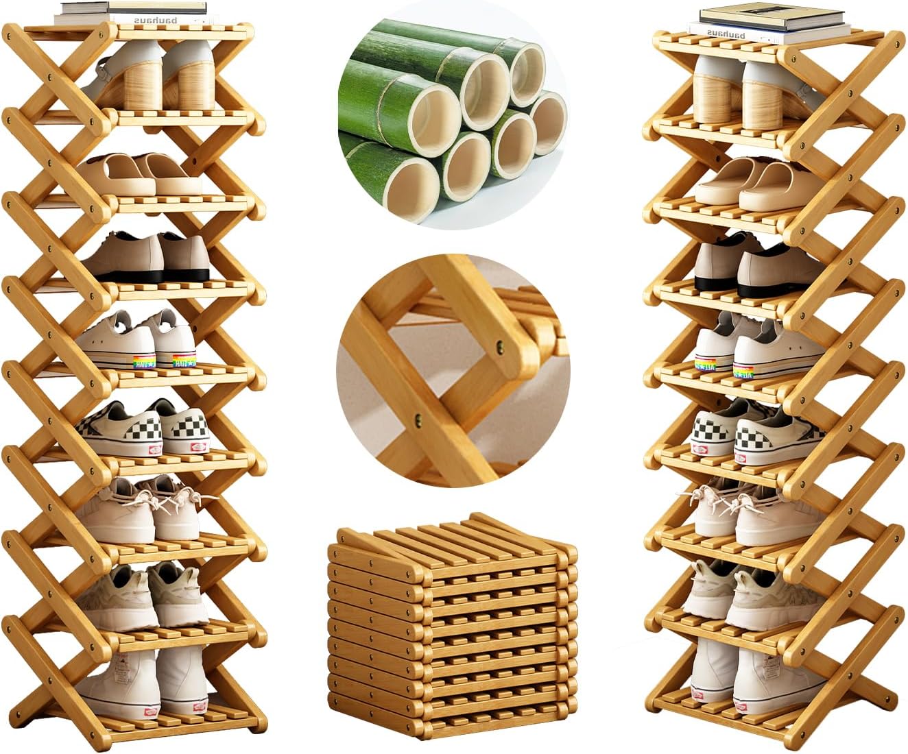Bamboo Foldable Shoe Rack, 9 Tier Portable Shoe Storage Rack, Multi Functional Narrow Vertical Shoe Racks, Shoe Shelf for Entryway, Corner, Bedroom, Hallway, Balconies, Small Space