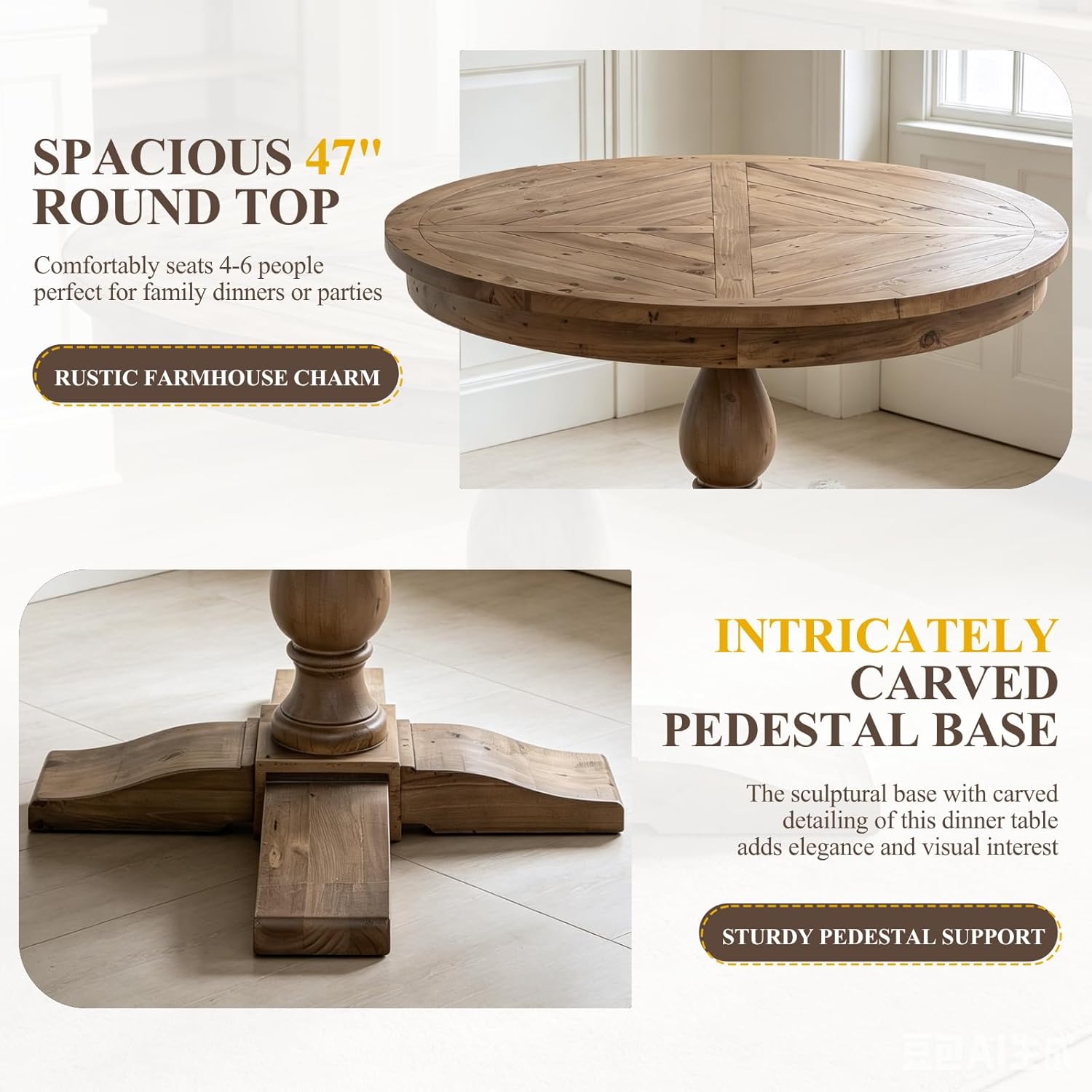 47" Round Dining Table with Wooden Pedestal Base, Antique Pine Wood Dinner Table for 4, Heavy Duty Pedestal Table for Kitchen/Dining Room/Living Room/Restaurant, Walnut