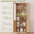 Cyclysio 80" Tall Pantry Cabinet with 8 Doors, Natural Oak Kitchen Pantry Storage Cabinet with Built-in Baseboard Notch & Adjustable Shelves – Kitchen Storage Cabinet for Dining, Living Room, Office