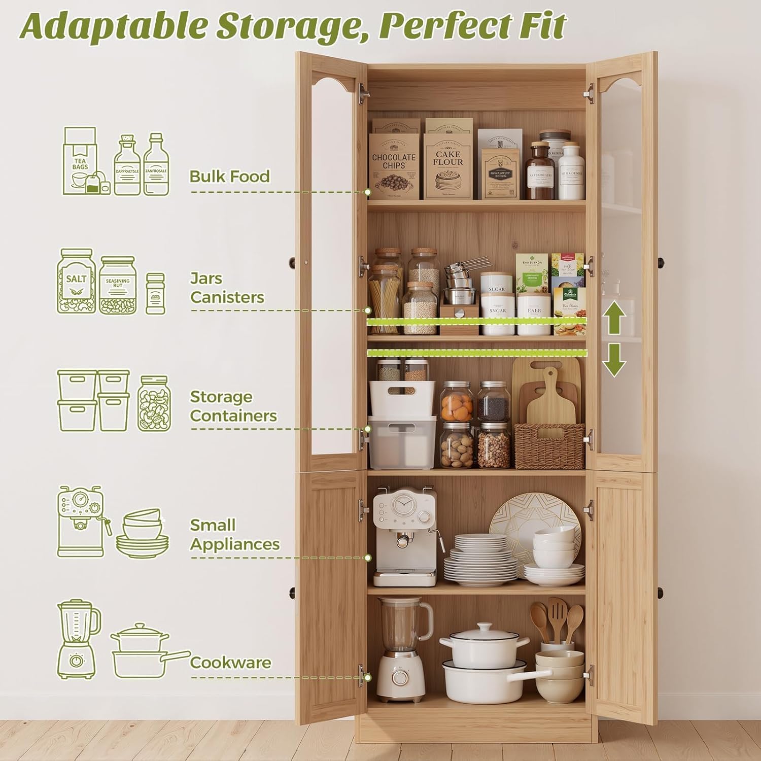 Cyclysio 80" Tall Pantry Cabinet with 8 Doors, Natural Oak Kitchen Pantry Storage Cabinet with Built-in Baseboard Notch & Adjustable Shelves – Kitchen Storage Cabinet for Dining, Living Room, Office