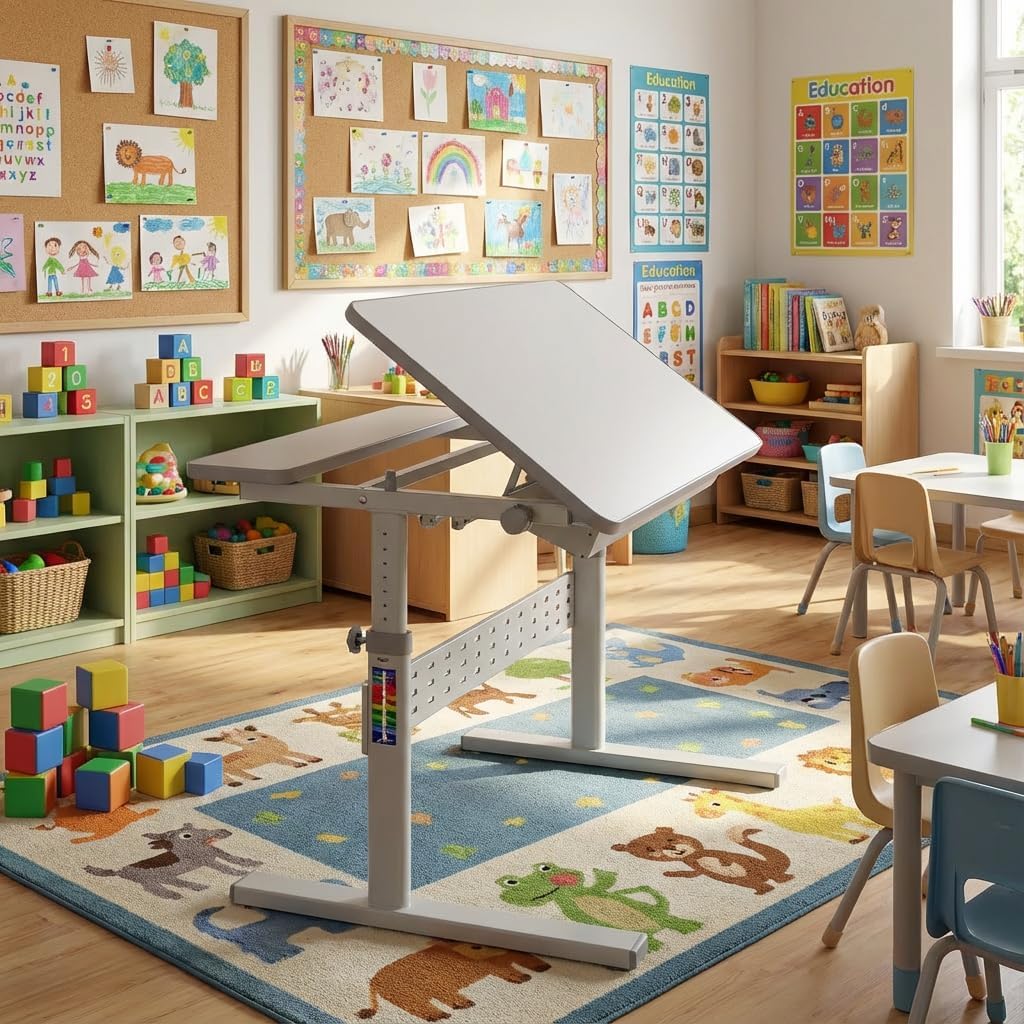 Mount-It! Kids Adjustable Desk with Tilting Desktop, Height Adjustable Study Table with Storage Drawer, Ergonomic Desk for Writing, Drawing & Homework, 31.5" x 26" Desktop Size (Gray)