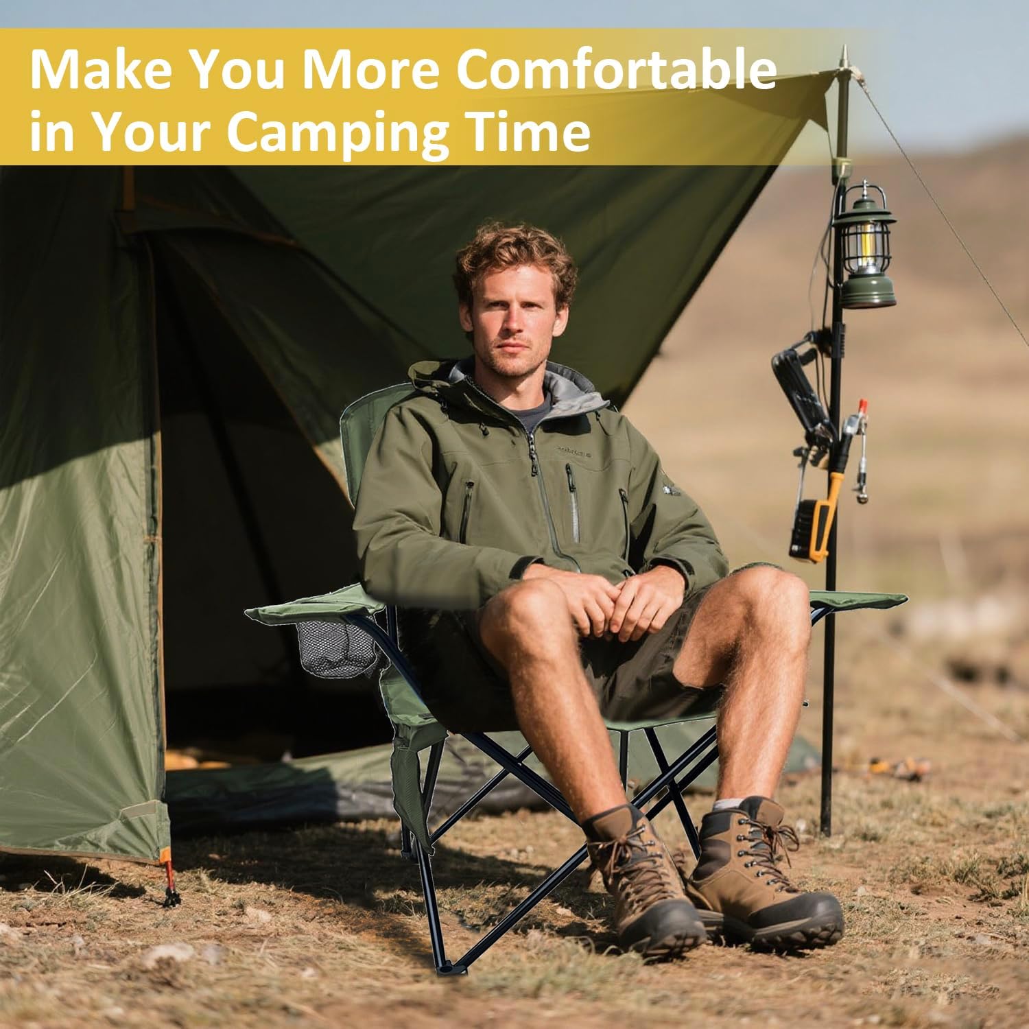 Folding Camping Chairs with High Back, Comfortable Outdoor Chairs 300lbs Capacity Lightweight Portable Chair with Storage Bag for Camping, Fishing, Green