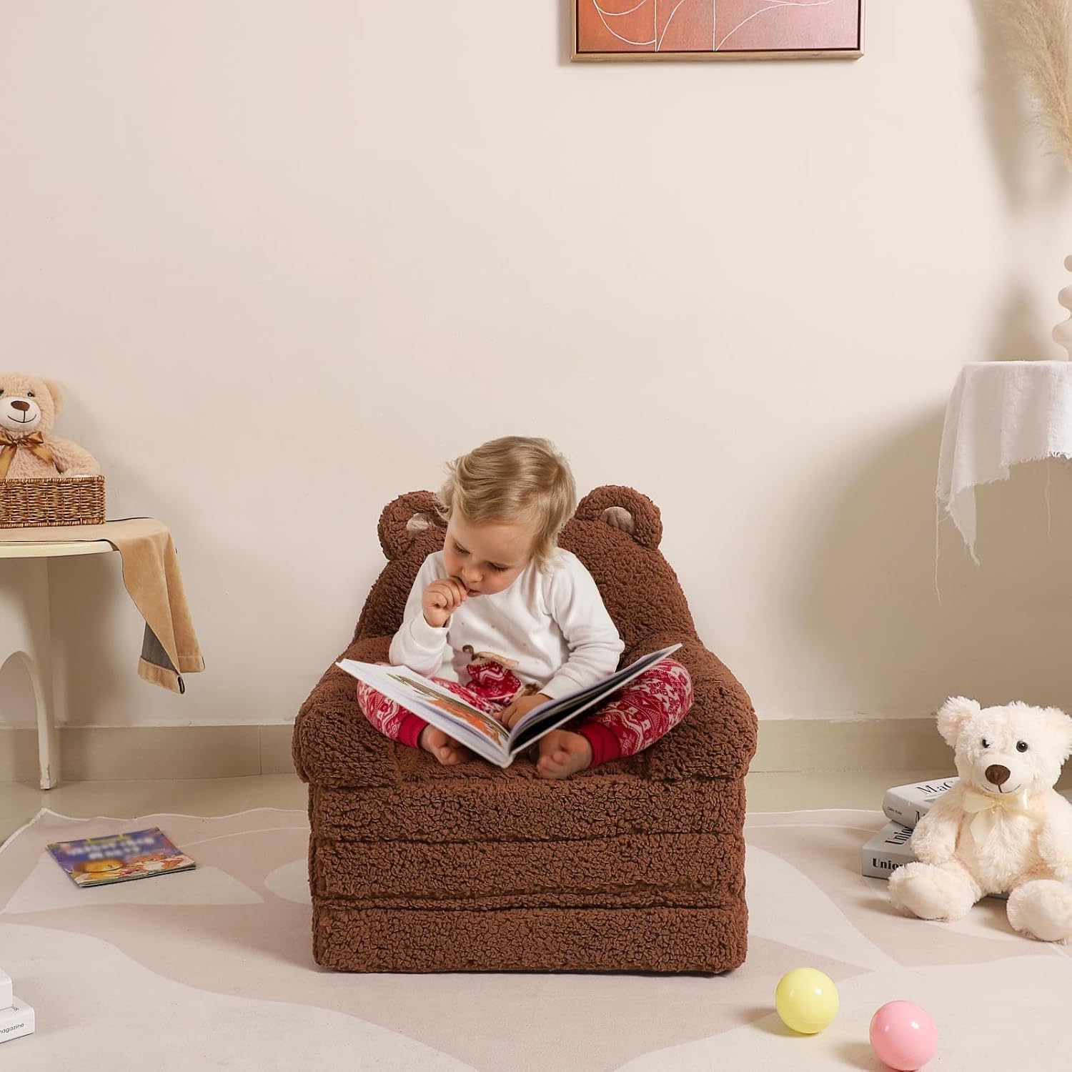 MOMCAYWEX Kids Sofa, Sherpa Couch with Tri-Layer Foam Cushions, Comfy Seating for Kids Age 18 Months and Up, Brown
