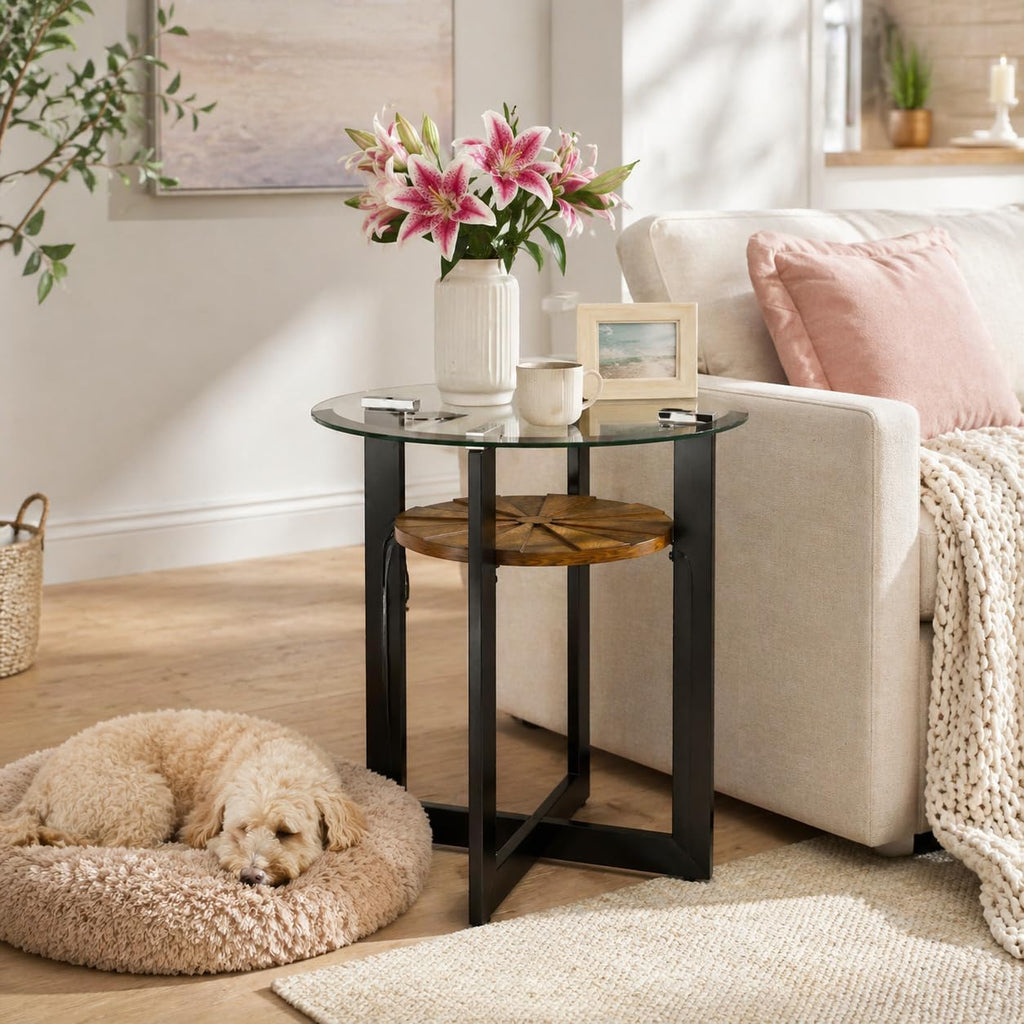 2-Tier Round End Side Table with 8mm Tempered Glass Top, Sofa Bedside Table with Cross Leg Metal Frame, 23.8"Dia x 24.4"H Circle Side Table with Wood Shelf for Living Room, Black Metal Leg CJZ-B2616-1