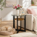 2-Tier Round End Side Table with 8mm Tempered Glass Top, Sofa Bedside Table with Cross Leg Metal Frame, 23.8"Dia x 24.4"H Circle Side Table with Wood Shelf for Living Room, Black Metal Leg CJZ-B2616-1