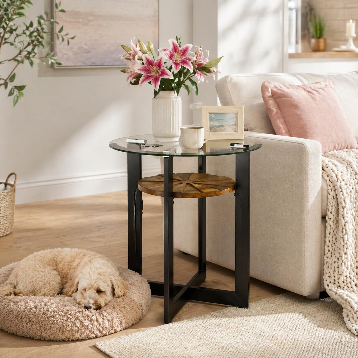 2-Tier Round End Side Table with 8mm Tempered Glass Top, Sofa Bedside Table with Cross Leg Metal Frame, 23.8"Dia x 24.4"H Circle Side Table with Wood Shelf for Living Room, Black Metal Leg CJZ-B2616-1