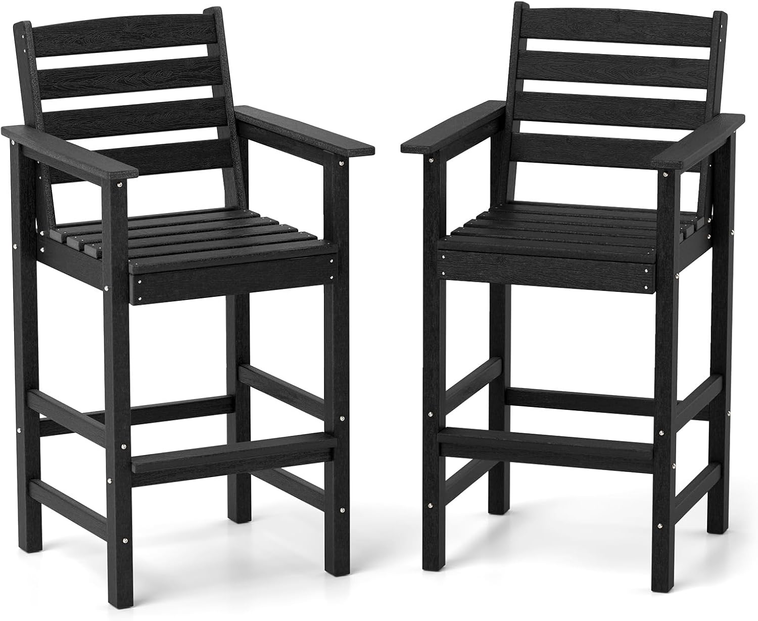 Tangkula Patio Adirondack Chairs Set of 2, HDPE Bar Height Chair with Wide Armrests & Footrest, Outdoor High-Top Slatted Bar Chairs with Backrest for Backyard, Lawn, Poolside (2, Black)