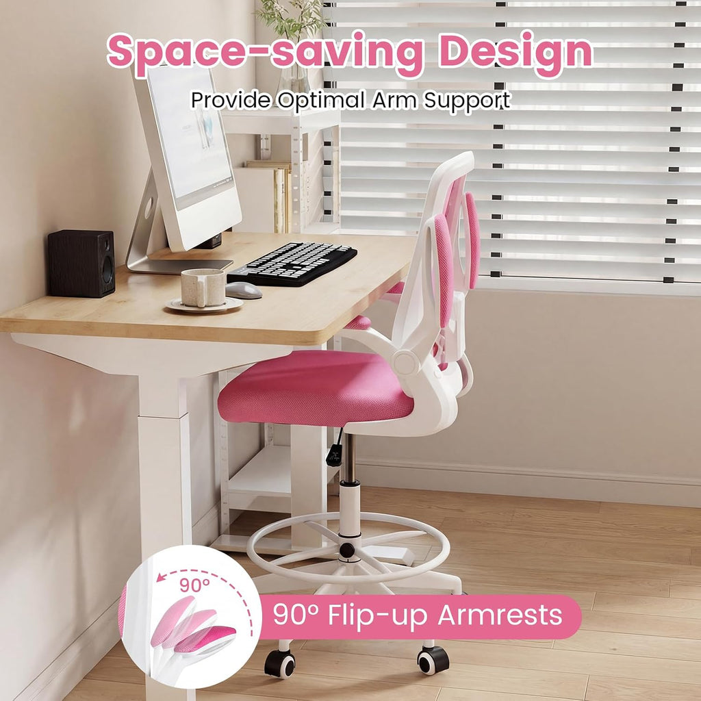 COSTWAY Drafting Chair, Tall Office Chair with Flip-up Armrests & Adjustable Foot Ring, High Back Computer Standing Desk Chair with Ergonomic Lumbar Support, Breathable Mesh (1, Pink)