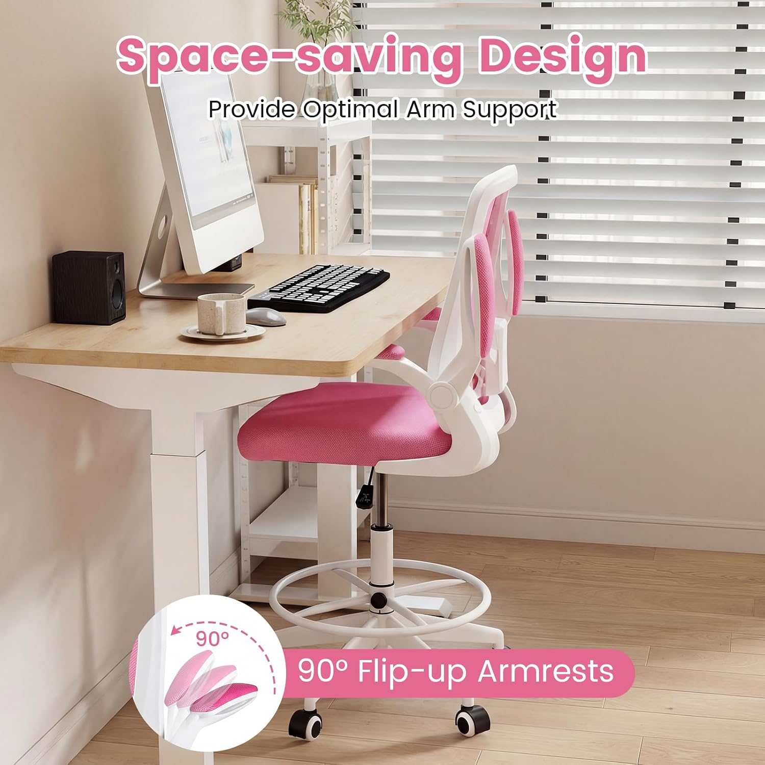 COSTWAY Drafting Chair, Tall Office Chair with Flip-up Armrests & Adjustable Foot Ring, High Back Computer Standing Desk Chair with Ergonomic Lumbar Support, Breathable Mesh (1, Pink)