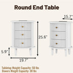 Round End Table with Charging Station, Wood Side Table with Storage for Small Spaces, White Nightstand with 3 Drawers, Couch Side Cabinet Bedside Table for Living Room/Bedroom/Corner