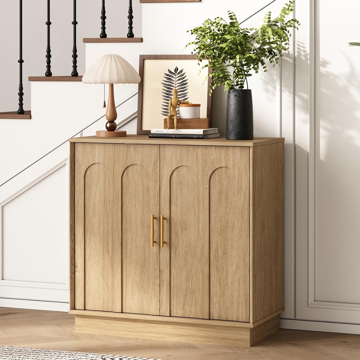 Buffet Cabinet with Storage, 2 Door Sideboard Credenza with Arch Design and Adjustable Shelves, 31.5" Modern Coffee Bar Accent Cabinets for Kitchen, Living Room, Entryway, Natural
