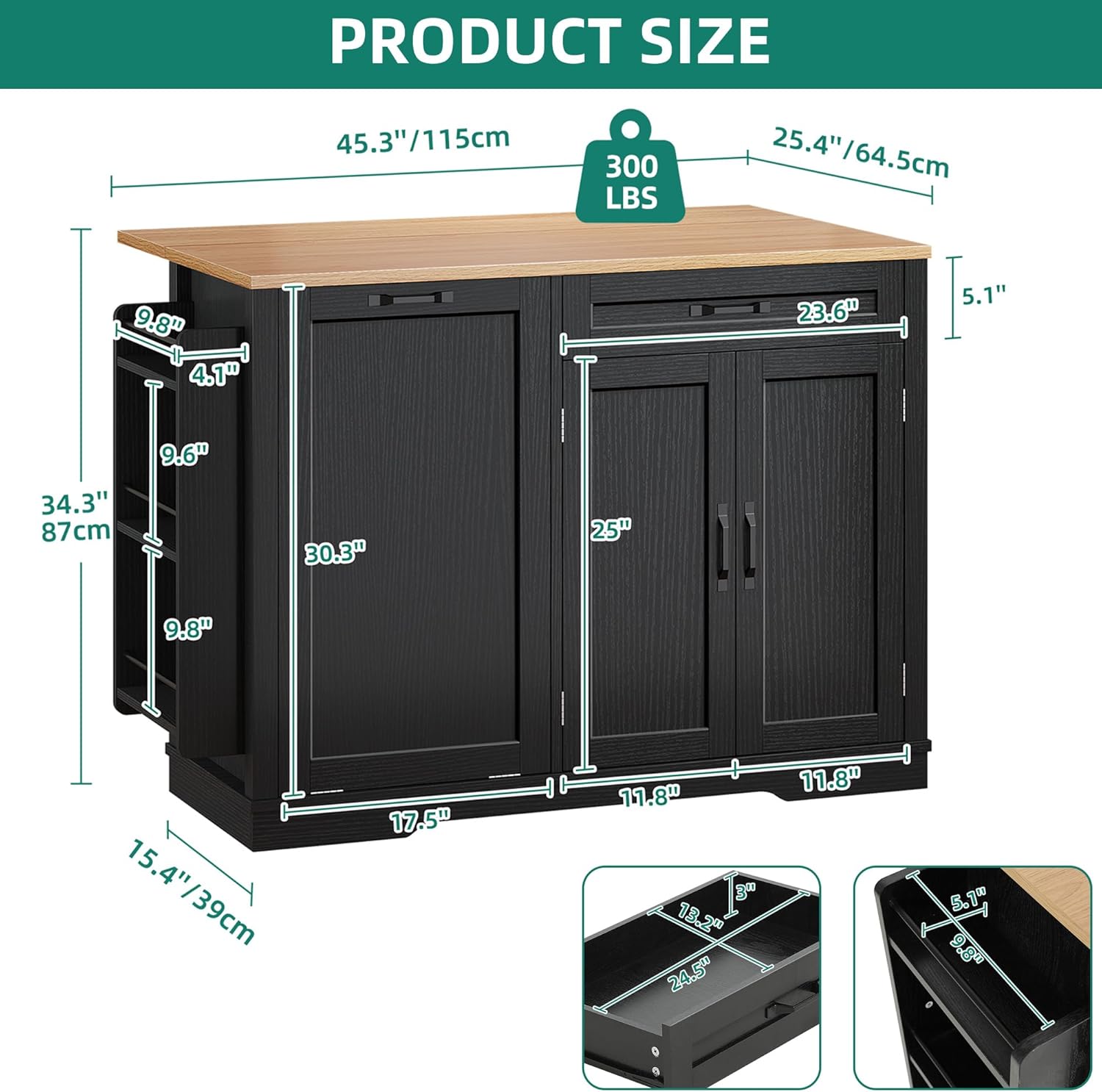 YITAHOME 50 Inch Rolling Kitchen Island with Trash Can Storage, Portable Mobile Islands Table with Drop Leaf, Floating Kitchen Butcher Block Cart on Wheels, Fits 13 Gallon Garbage Bin, Black