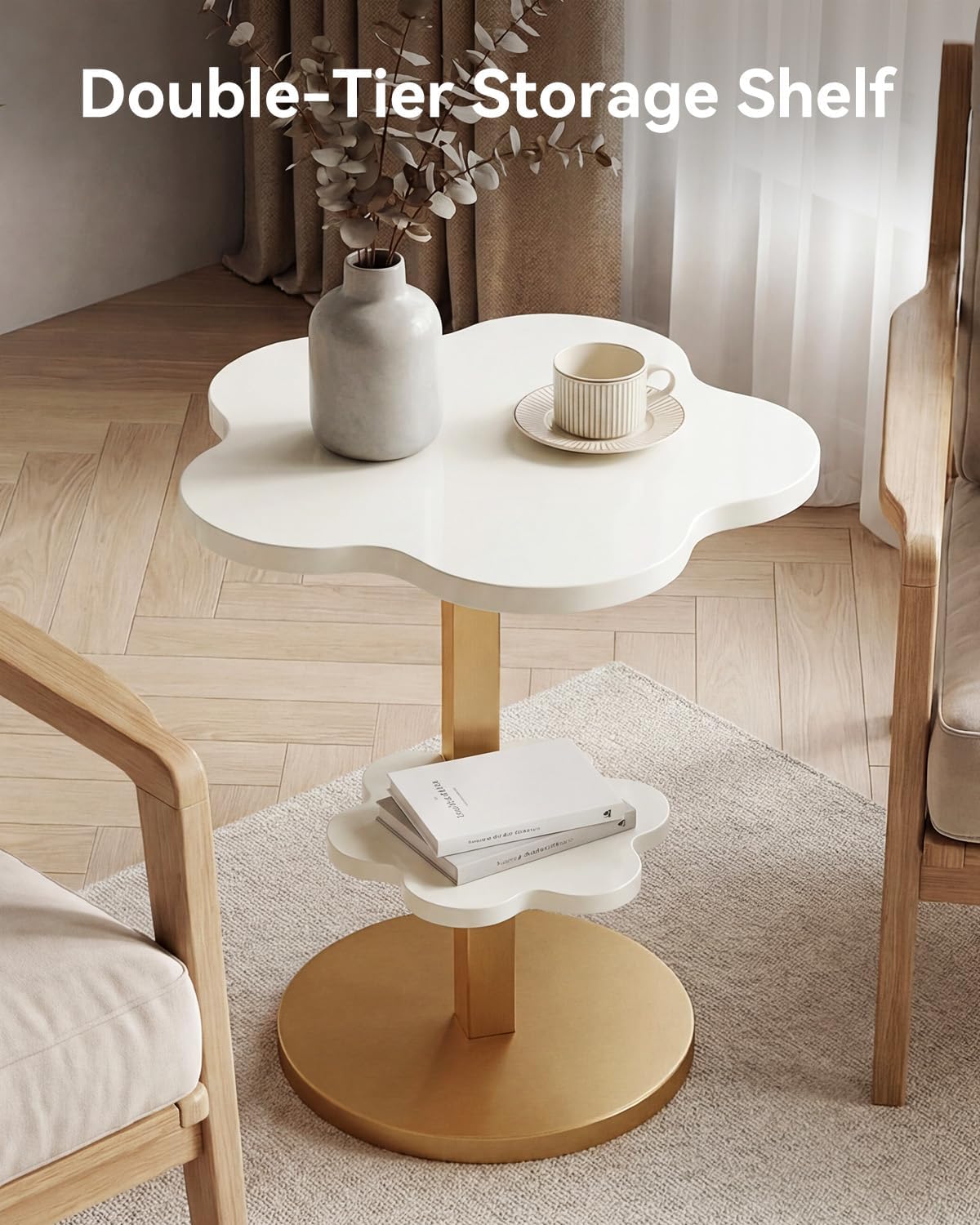 LITTLE TREE End Table, 2-Tier Sofa Side Table, Flower Nightstand with C-Shaped Gold Frame, Modern Luxury Accent Table for Living Room, Bedroom, Small Spaces, Easy Assembly, Glossy Gold + White, 2 PCS