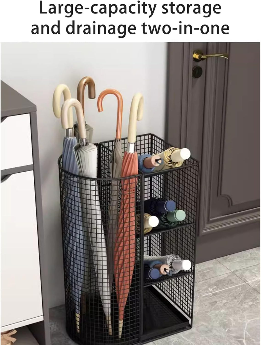Commercial Metal Umbrella Holder Indoor Large-Capacity Umbrella Storage Shelf Umbrella Basket with Removable Drip Tray for Entryway Metal Entrance Umbrellas Organizer(Black)